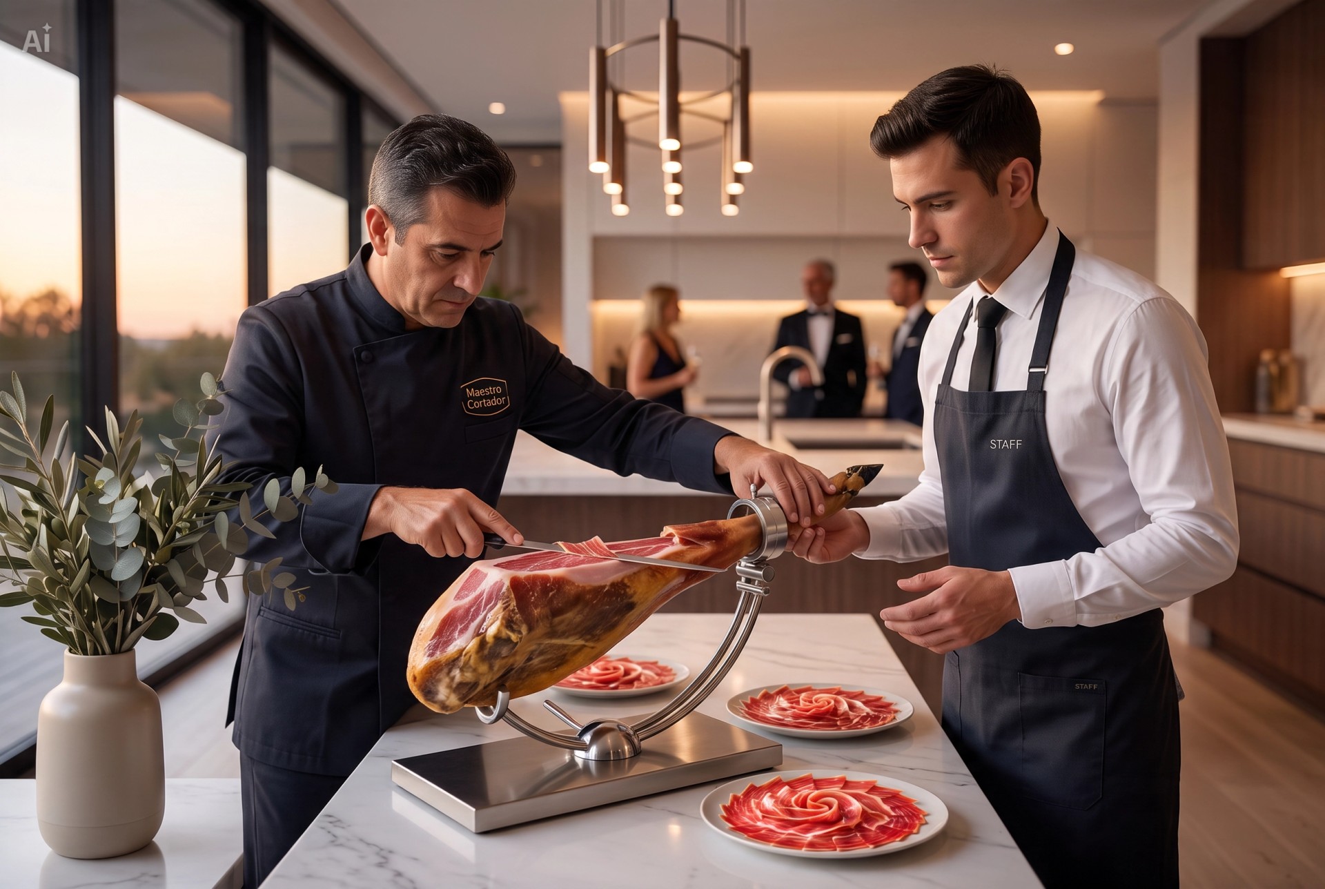 Maestro cortador sirviendo jamón en una villa privada
