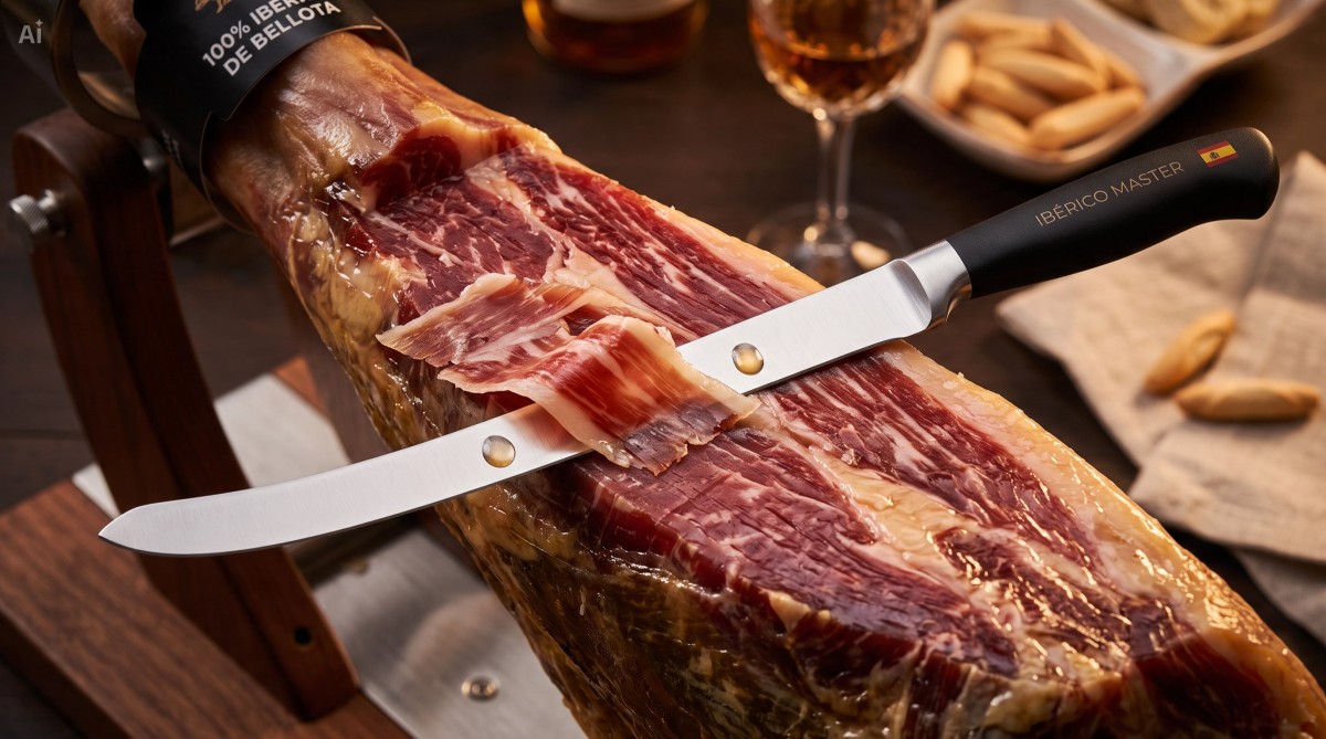 Cuchillo jamonero cortando la maza del jamón