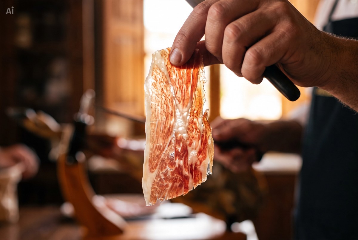 Loncha de jamón ibérico de bellota a contraluz