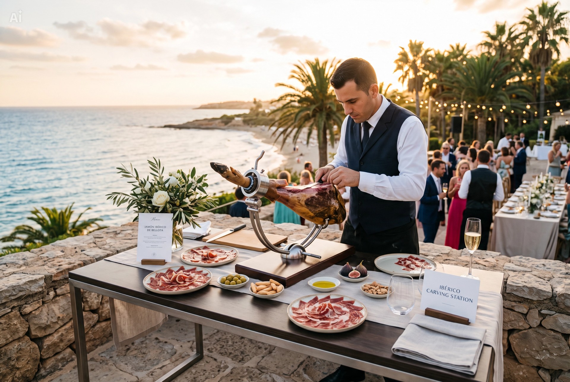 Montaje de corte de jamón en un evento al aire libre